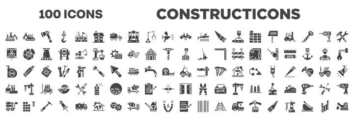 set of 100 filled constructicons icons. editable glyph icons collection such as construction excavator, flags crossed, vent, crane holding construction panel, five meters ruler, derrick with boxes,