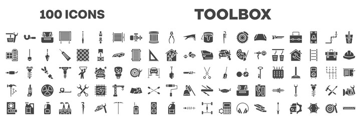 Obraz premium set of 100 filled toolbox icons. editable glyph icons collection such as pedals, fender, door and window, steamroller, exhaust pipe, hammer and nail, cad, suspension, tyre vector illustration.