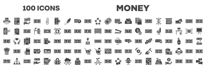 set of 100 filled money icons. editable glyph icons collection such as shredder, poker chip, mobile banking, guilder, riel, maths, rippie, lari, turkish lira vector illustration.