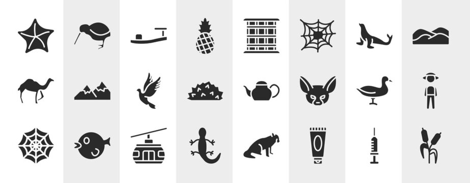 nature filled icons set. editable glyph icons such as starfish, pine, sea lion, mountains, teapot, guard, cable car, sun cream vector.