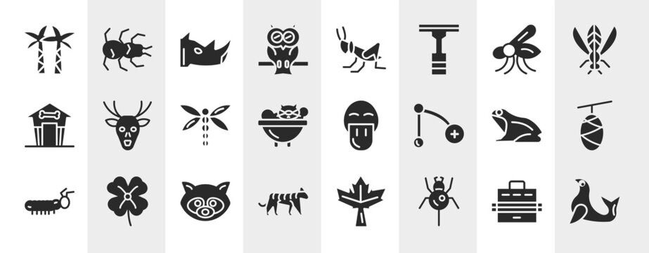 nature filled icons set. editable glyph icons such as palm tree, owl, mosquito, deer, platypus, cocoon, raccoon, spider vector.
