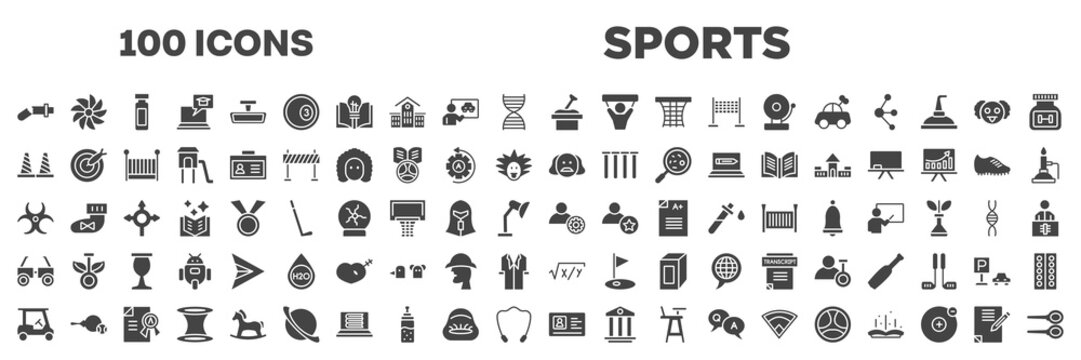 set of 100 filled sports icons. editable glyph icons collection such as damaged, sandbox, bollards, shakespeare, hazard, testing glasses, golf cart, driving license, homework vector illustration.
