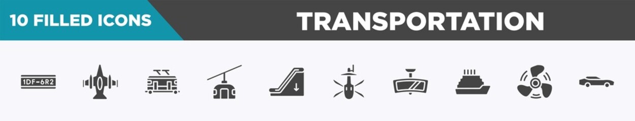 set of 10 filled transportation icons. editable glyph icons such as license plate, army airplane bottom view, trolley car, funifor, or down, military helicopter bottom view, rear-view mirror, ship