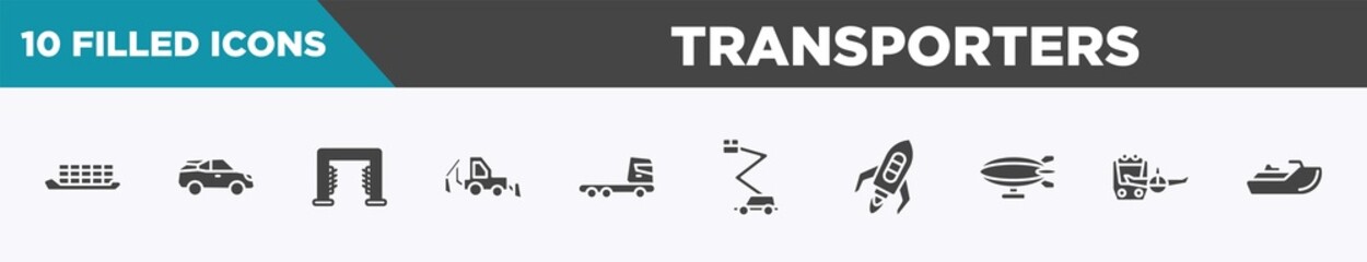 Fototapeta premium set of 10 filled transporters icons. editable glyph icons such as container ship side view, electric car side view, carwash hine, backhoe, truck cabin side view, aerial lift, flying rocket,