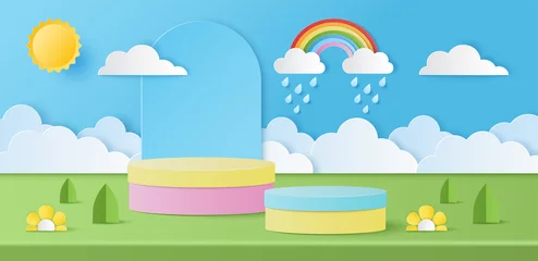 Foto op Plexiglas Paper cut of summer banner with pastel color cylinder podium and sun, cloud, rainbow, drops rain for products display presentation. Vector illustration © jintana