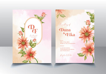 Pink blossom floral watercolor wedding invitation card 