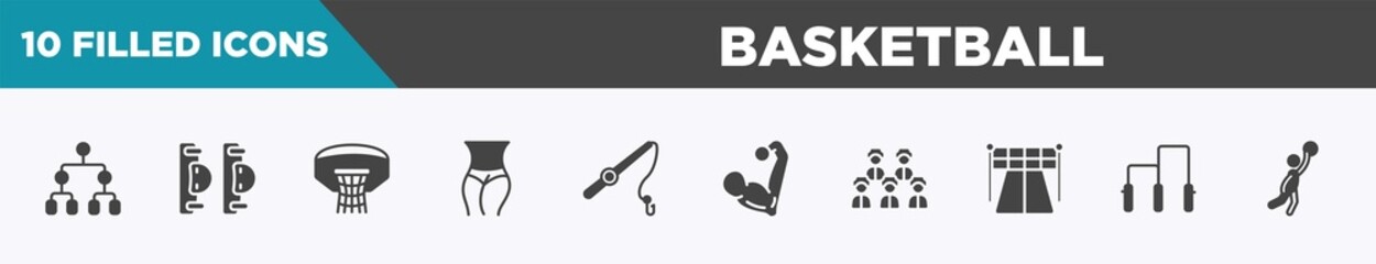 set of 10 filled basketball icons. editable glyph icons such as playoff, elbow pads, basketball hoop, slim body, fishing line, muscular, baseball team, gym bars vectors.