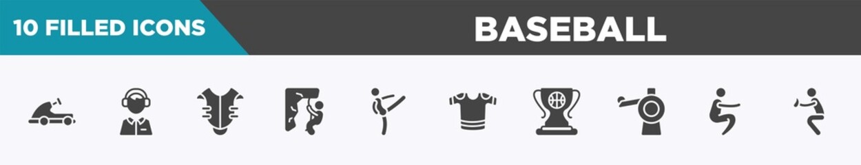 set of 10 filled baseball icons. editable glyph icons such as go kart, sport commentor, chest protection, abseiling, master, t-shirts, champ, squat vectors.