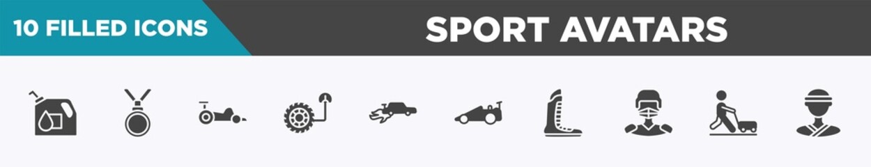 set of 10 filled sport avatars icons. editable glyph icons such as oil down, nobel prize, kart racing, tire pressure, autocross, drag racing, boxing shoe, farming and gardening vectors.