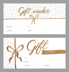 Hand drawn gift vouchers templates with bow ribbons in gold. Design concept for gift coupon, invitation, certificate, flyer, ticket. Stock vector illustration.