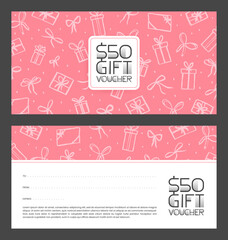 Gift voucher template with hand drawn background. Design concept for gift coupon, invitation, certificate, flyer, ticket. Stock vector illustration.