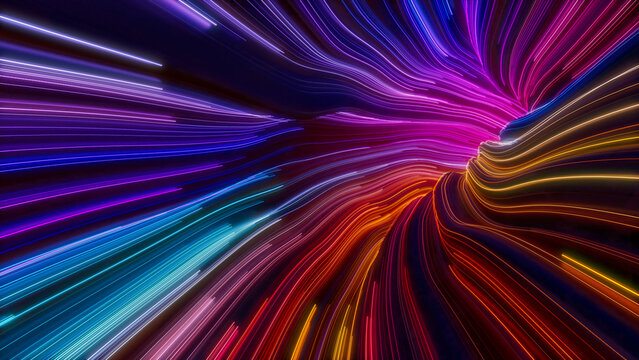 Orange, Pink and Turquoise Colored Stripes form Wavy Neon Lights Tunnel. 3D Render.
