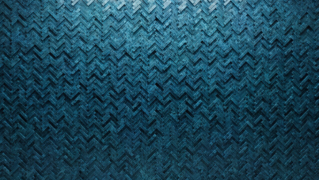 Polished, Glazed Mosaic Tiles arranged in the shape of a wall. 3D, Herringbone, Bricks stacked to create a Blue Patina block background. 3D Render
