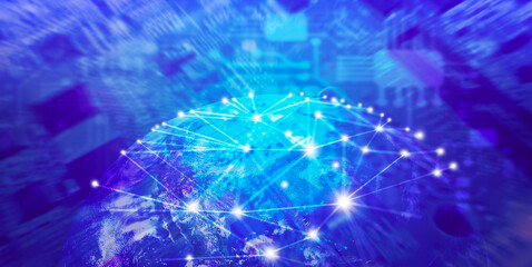 Abstract futuristic electronic circuit with global network graphic background, Computer cpu or cloud computing Ai concept