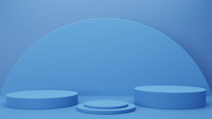 3D rendering background blue podium, with 3 podium with round shape, minimal scene stage for product mockup display
