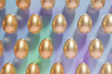 3d render of a pattern of golden Easter eggs on a mint and purple gradient background