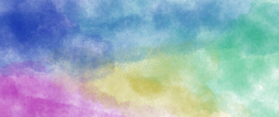 Colorful watercolor background with painted sunset sky colors of pink blue purple green and yellow, abstract beautiful painting on border with no people for template or website background