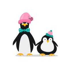 Cute penguins holding hands isolated on white background