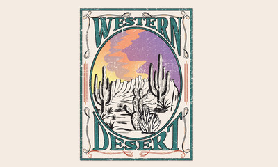 Western desert graphic print design for t shirt, poster, sticker and others. - obrazy, fototapety, plakaty