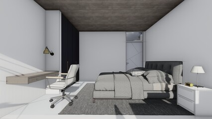 bedroom interior design with bed chair wardrobe 3d illustration