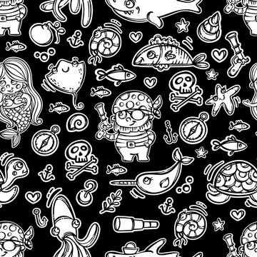 PIRATE AND MERMAID MONOCHROME Cartoon Hand Drawn Picture Seamless Pattern Vector Illustration On Black Background With Sea Persons And Animals Fairy Tale For Print