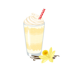 Vanilla milkshake with whipped cream. Vector cartoon illustration. Sweet milk drink in glass and vanilla flower.