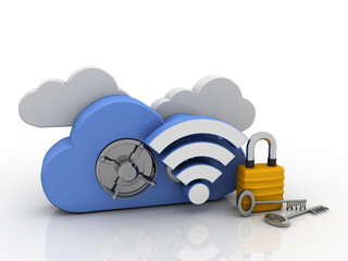 3d rendering Cloud online storage icons with WiFi protection lock
