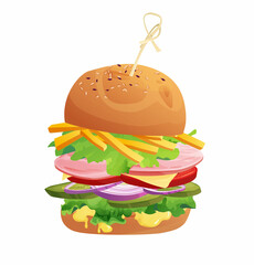 Delicious burger with tomato, cheese, cucumber, meat, onion, ketchup and salad. Fast food. Bun with sesame. Cartoon vector illustration.