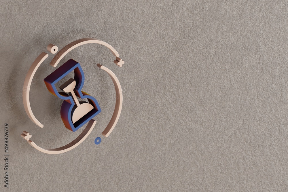 Poster beautiful abstract illustrations blue and golden sand clock symbol icons on a wall beton background.