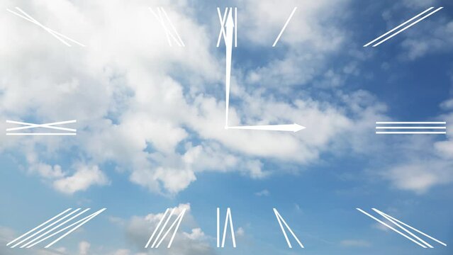 Looping time clock symbol animation with looping sunny sky time lapse backgrounds. 