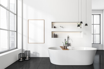Fototapeta na wymiar Light bathroom interior with bathtub and panoramic window. Mockup frame