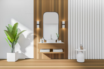Light bathroom interior with sink and deck, accessories and plant