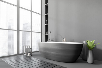 Naklejka na ściany i meble Grey bathroom interior with tub, shelf for accessories and window. Mockup