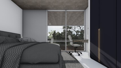 bedroom interior design with bed chair wardrobe 3d illustration