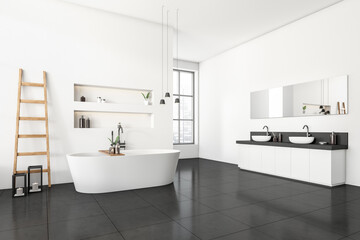 Fototapeta na wymiar Light bathroom interior with tub, sink with accessories and window