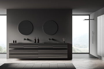 Grey bathroom interior with double sink and douche in the corner near window