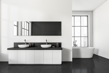 Naklejka na ściany i meble Light bathroom interior with sink and tub near panoramic window
