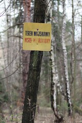 Tablica informacyjna na drzewie w lesie - teren wojskowy