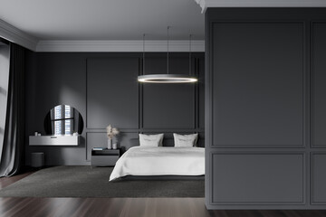 Grey bedroom interior with bed and dressing table with decoration. Mockup
