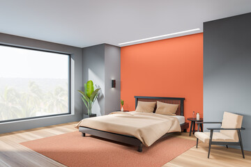 Bedroom interior with bed on carpet, armchair and panoramic window. Mockup
