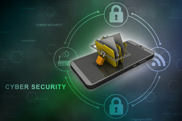 Yellow folder and lock with mobile. Data security concept. 3D rendering