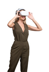 Businesswoman in vr glasses, smiling isolated over white backgro