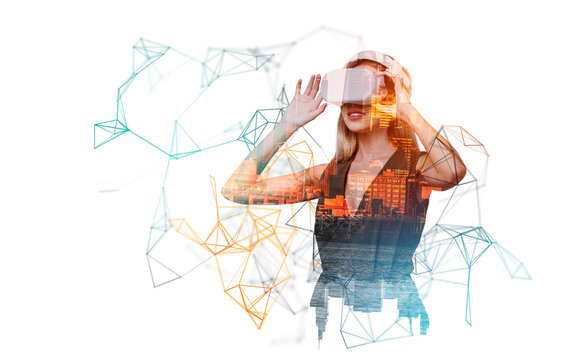 Young woman wearing vr glasses in virtual world, network connect - Powered by Adobe