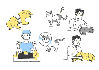 動物病院に関するイラストセット　コミカルな手書きの人物　ベクター、線画にカラー
