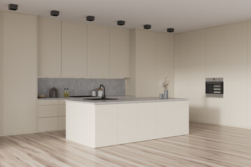 Light kitchen set interior with island and kitchenware, wooden floor