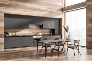 Corner view on bright kitchen room interior with dining table