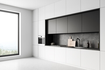 Fototapeta na wymiar Light cooking set interior with shelves and appliances, concrete floor