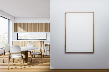Fototapeta premium Light kitchen interior with table and seats, panoramic window. Mockup frame