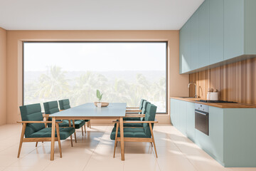 Light kitchen interior with table and seats, kitchenware and panoramic window