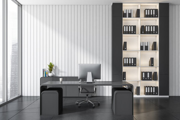 Office room interior, table with computer and shelf, window. Empty wall